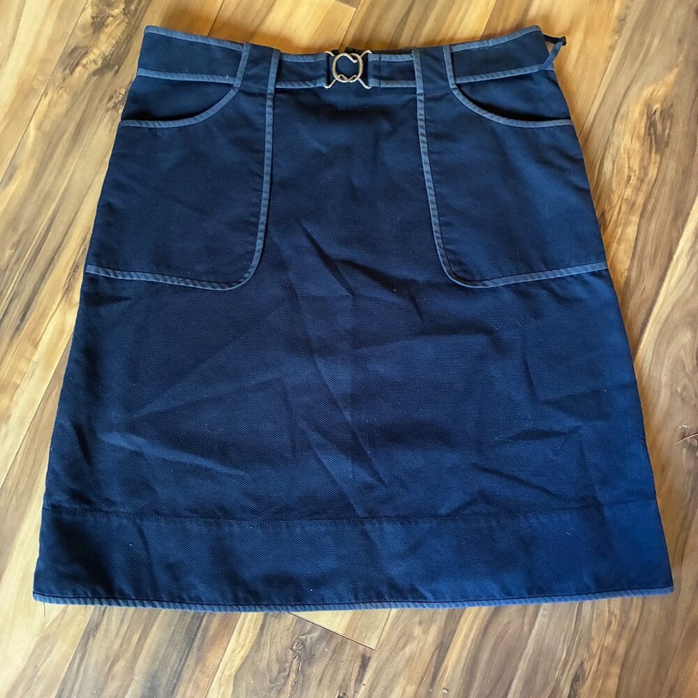 DKNY Navy Midi Pencil Skirt Women's 12 Buckle Pockets Career Business Casual.